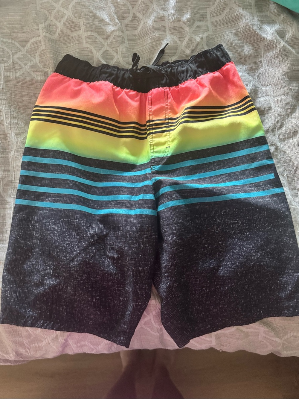 Hurley Boys Black, Coral, Yellow & Teal Striped Swim Trunks
